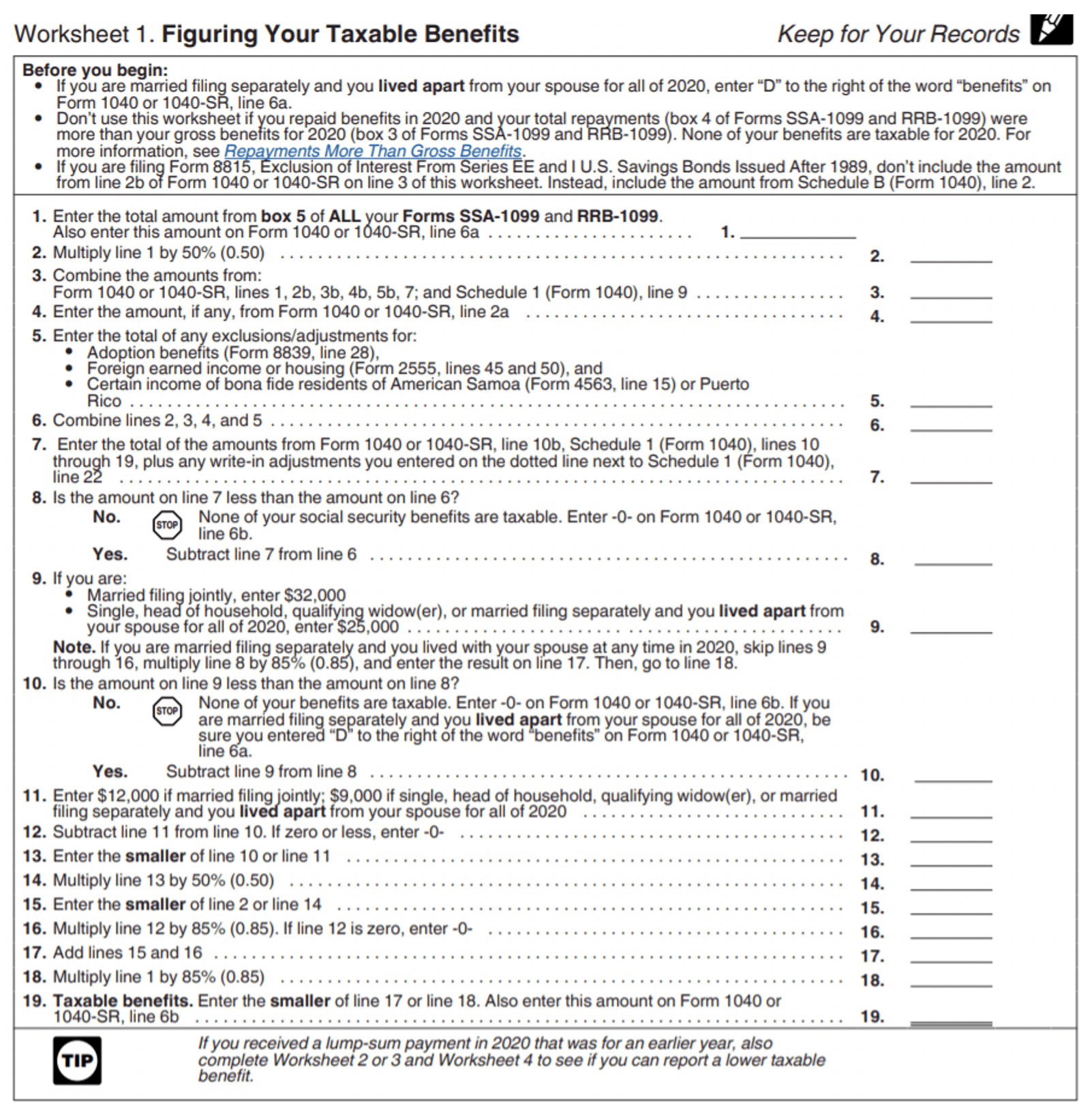 Taxes on Retirement Income - IRS Publication 915 Worksheet